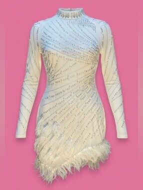 White Embellished Feather-Hem Mini Dress